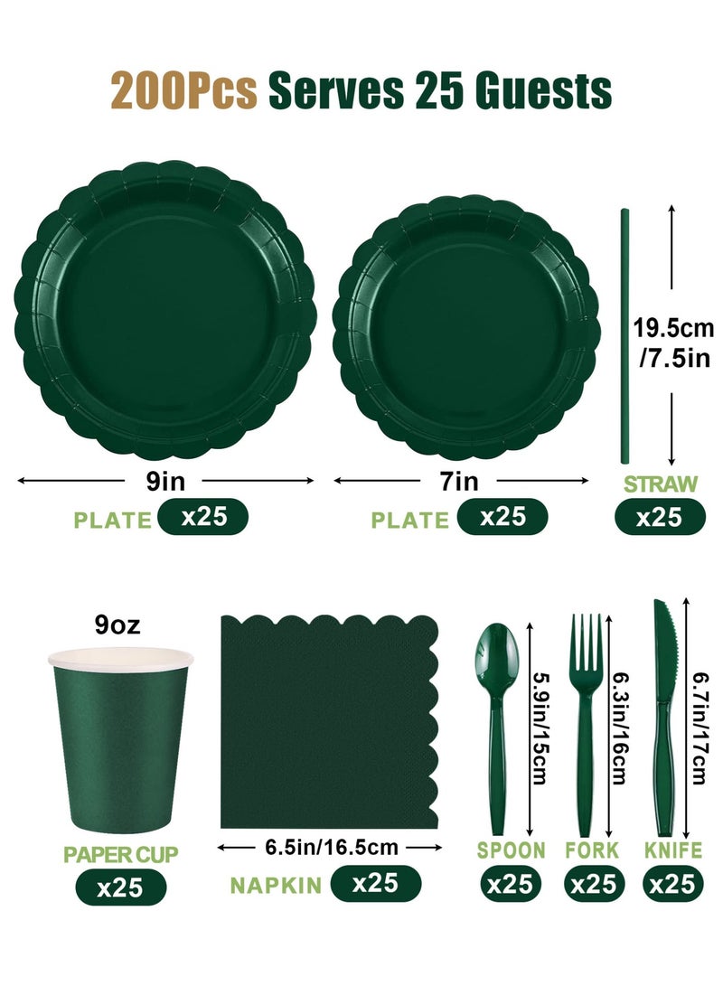 HomarKet 200 Pcs Disposable Paper Plates and Napkins,25 Guest Party Supplies Dinnerware Set Include Scalloped Paper Plates Napkin Cup Straw Plastic Spoon Fork Knive for Party,Wedding,Birthday (Green) - Image 2